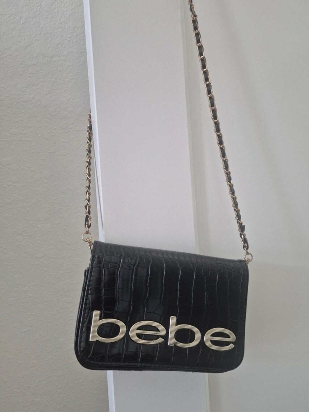 Bebe Black Croc-Embossed Chain Shoulder Bag